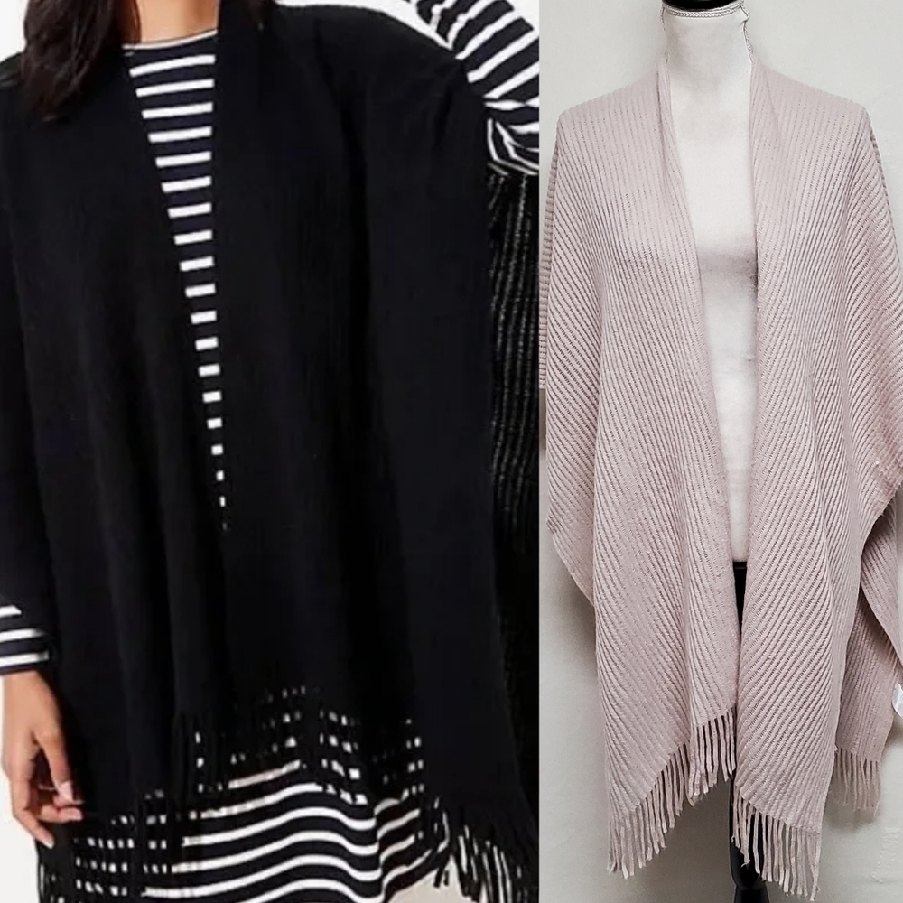 Loft Ann Taylor Champagne Ribbed Knit Open Front Bold Fringe Poncho Shawl